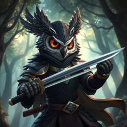 An Owlin rogue samurai character from Dungeons & Dragons, featuring a sleek and agile design