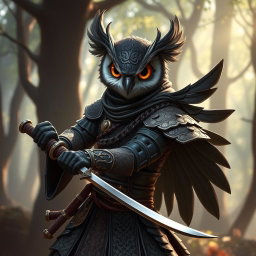 An Owlin rogue samurai character from Dungeons & Dragons, featuring a sleek and agile design