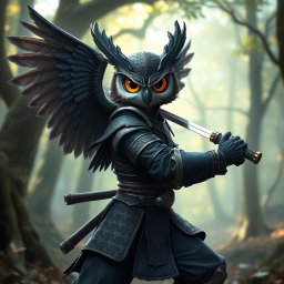 An Owlin rogue samurai character from Dungeons & Dragons, featuring a sleek and agile design