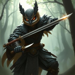 An Owlin rogue samurai character from Dungeons and Dragons, depicted with detailed features such as intricate feather patterns and bright, expressive eyes