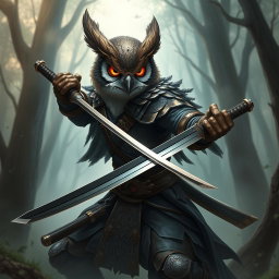 An Owlin rogue samurai character from Dungeons and Dragons, depicted with detailed features such as intricate feather patterns and bright, expressive eyes