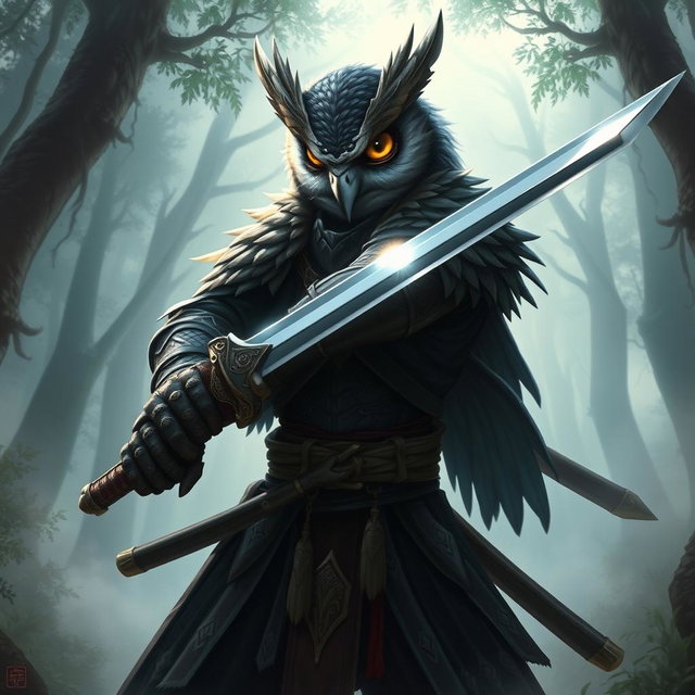 An Owlin rogue samurai character from Dungeons and Dragons, depicted with detailed features such as intricate feather patterns and bright, expressive eyes