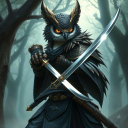 An Owlin rogue samurai character from Dungeons and Dragons, depicted with detailed features such as intricate feather patterns and bright, expressive eyes
