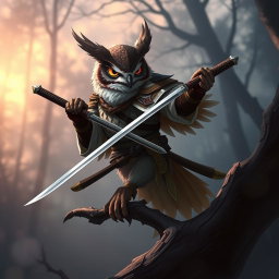 An Owlin rogue samurai character from D&D, elegantly perched in a dynamic pose, wielding a gleaming katana