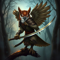 An Owlin rogue samurai character from D&D, elegantly perched in a dynamic pose, wielding a gleaming katana