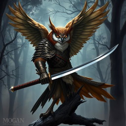 An Owlin rogue samurai character from D&D, elegantly perched in a dynamic pose, wielding a gleaming katana