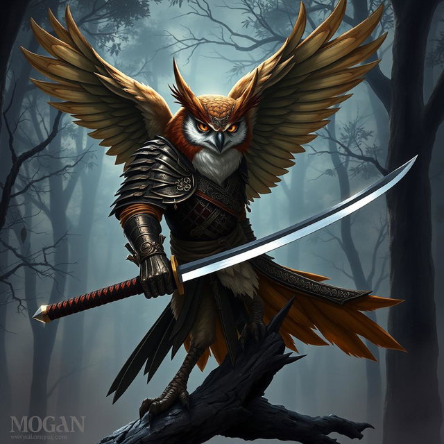An Owlin rogue samurai character from D&D, elegantly perched in a dynamic pose, wielding a gleaming katana
