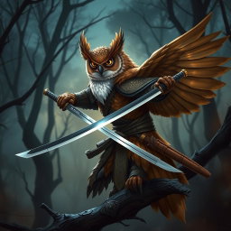 An Owlin rogue samurai character from D&D, elegantly perched in a dynamic pose, wielding a gleaming katana
