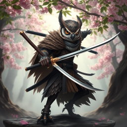 An Owlin rogue samurai character in a dynamic pose, wielding a beautifully crafted katana
