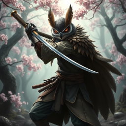 An Owlin rogue samurai character in a dynamic pose, wielding a beautifully crafted katana
