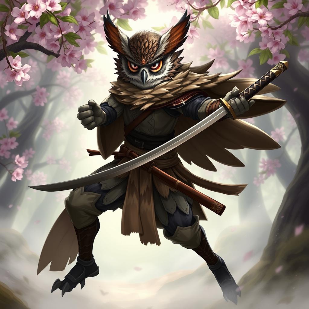 An Owlin rogue samurai character in a dynamic pose, wielding a beautifully crafted katana