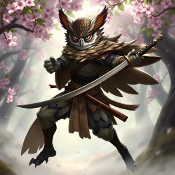 An Owlin rogue samurai character in a dynamic pose, wielding a beautifully crafted katana