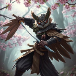 An Owlin rogue samurai character in a dynamic pose, wielding a beautifully crafted katana