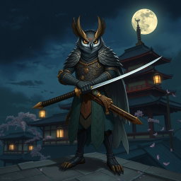 A detailed digital illustration of an Owlin rogue samurai character from Dungeons and Dragons, featuring the Owlin's unique feathery plumage, intricate armor with Eastern influences, and a sleek katana held in a poised, ready-to-strike position