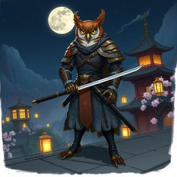 A detailed digital illustration of an Owlin rogue samurai character from Dungeons and Dragons, featuring the Owlin's unique feathery plumage, intricate armor with Eastern influences, and a sleek katana held in a poised, ready-to-strike position