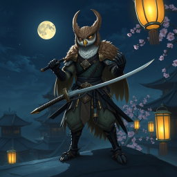 A detailed digital illustration of an Owlin rogue samurai character from Dungeons and Dragons, featuring the Owlin's unique feathery plumage, intricate armor with Eastern influences, and a sleek katana held in a poised, ready-to-strike position
