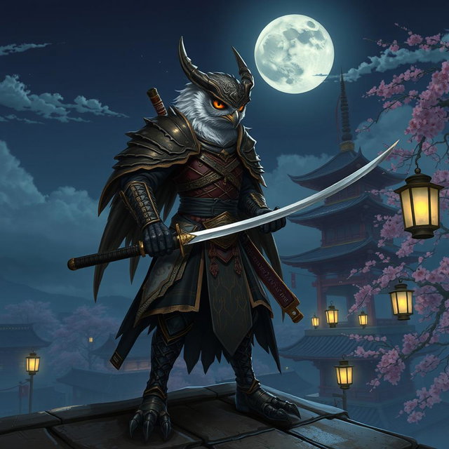 A detailed digital illustration of an Owlin rogue samurai character from Dungeons and Dragons, featuring the Owlin's unique feathery plumage, intricate armor with Eastern influences, and a sleek katana held in a poised, ready-to-strike position
