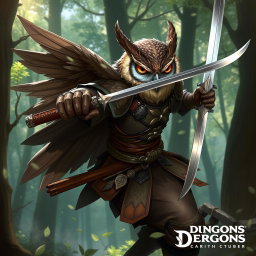 A striking Dungeons & Dragons character illustration featuring an Owlin rogue samurai