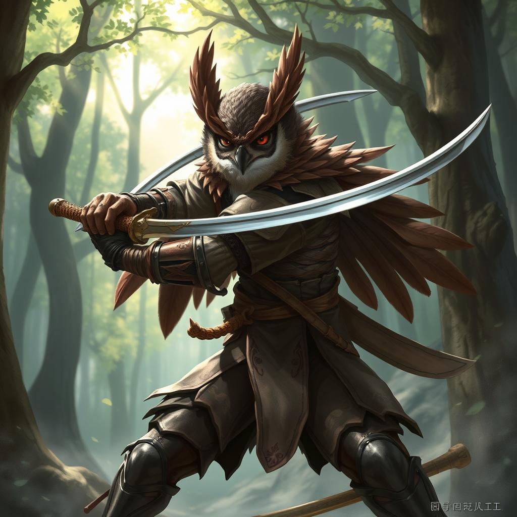 A striking Dungeons & Dragons character illustration featuring an Owlin rogue samurai