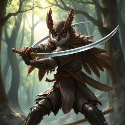 A striking Dungeons & Dragons character illustration featuring an Owlin rogue samurai