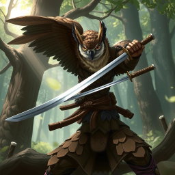 A striking Dungeons & Dragons character illustration featuring an Owlin rogue samurai