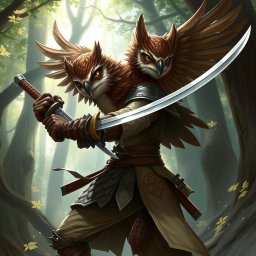 A striking Dungeons & Dragons character illustration featuring an Owlin rogue samurai