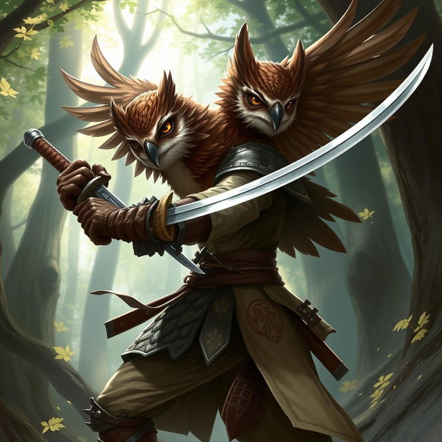 A striking Dungeons & Dragons character illustration featuring an Owlin rogue samurai
