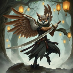 A striking illustration of an owlin rogue samurai character from Dungeons and Dragons