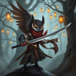 A striking illustration of an owlin rogue samurai character from Dungeons and Dragons
