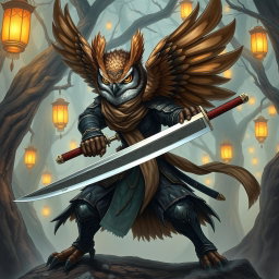 A striking illustration of an owlin rogue samurai character from Dungeons and Dragons