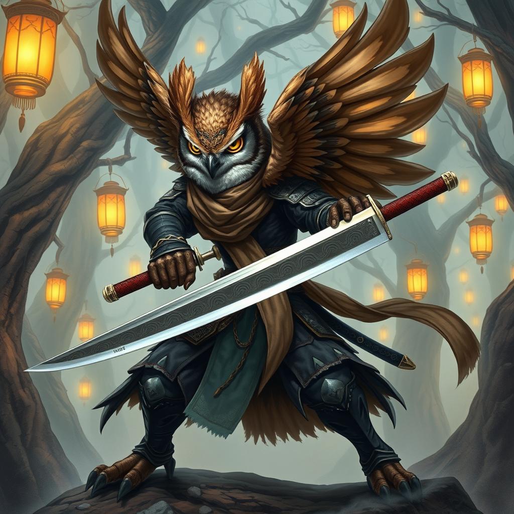 A striking illustration of an owlin rogue samurai character from Dungeons and Dragons