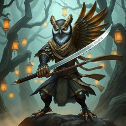 A striking illustration of an owlin rogue samurai character from Dungeons and Dragons