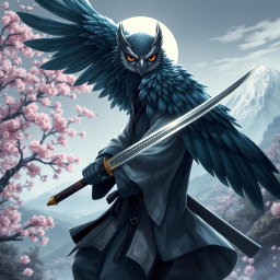 A stunning character art of an Owlin rogue samurai, with majestic feathers that blend dark shades of blue and grey