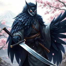 A stunning character art of an Owlin rogue samurai, with majestic feathers that blend dark shades of blue and grey