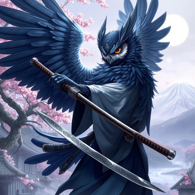 A stunning character art of an Owlin rogue samurai, with majestic feathers that blend dark shades of blue and grey
