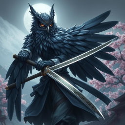 A stunning character art of an Owlin rogue samurai, with majestic feathers that blend dark shades of blue and grey