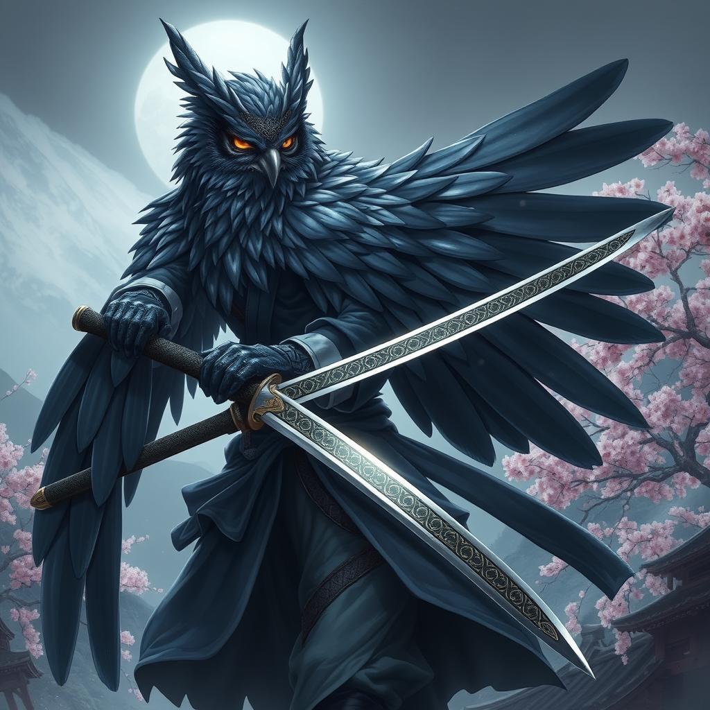 A stunning character art of an Owlin rogue samurai, with majestic feathers that blend dark shades of blue and grey