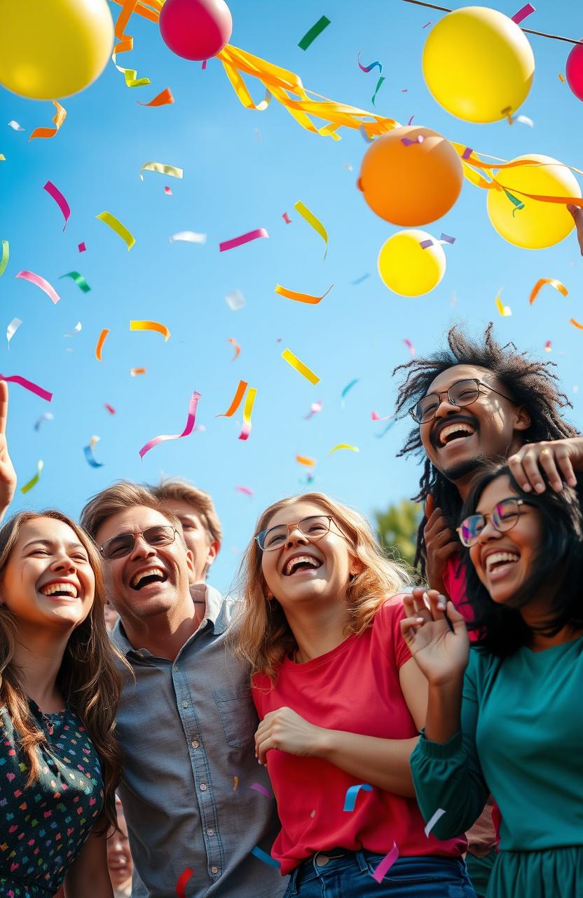 A vibrant and emotional scene depicting a diverse group of people expressing joy and enthusiasm, with tears of happiness streaming down their faces