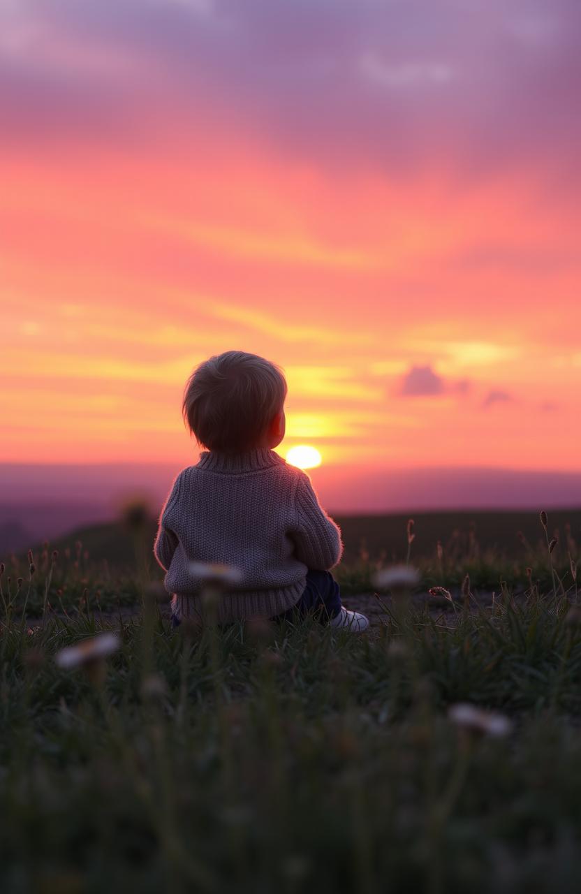 A young child sitting on a grassy hill, gazing at a vibrant sunset