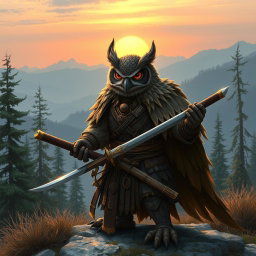 A fierce Owlin ronin samurai character from a Dungeons & Dragons setting, standing confidently on a misty mountainside, clad in intricate, tattered armor that reflects traditional Japanese samurai styles