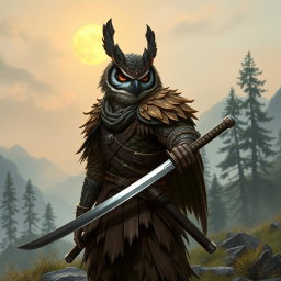 A fierce Owlin ronin samurai character from a Dungeons & Dragons setting, standing confidently on a misty mountainside, clad in intricate, tattered armor that reflects traditional Japanese samurai styles