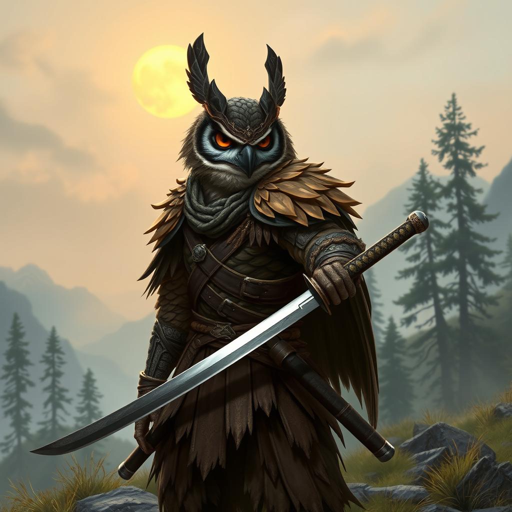 A fierce Owlin ronin samurai character from a Dungeons & Dragons setting, standing confidently on a misty mountainside, clad in intricate, tattered armor that reflects traditional Japanese samurai styles