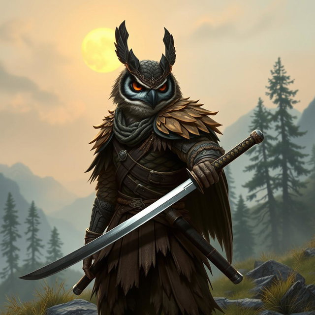 A fierce Owlin ronin samurai character from a Dungeons & Dragons setting, standing confidently on a misty mountainside, clad in intricate, tattered armor that reflects traditional Japanese samurai styles