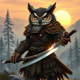 A fierce Owlin ronin samurai character from a Dungeons & Dragons setting, standing confidently on a misty mountainside, clad in intricate, tattered armor that reflects traditional Japanese samurai styles