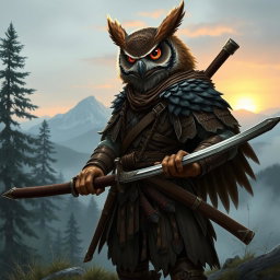 A fierce Owlin ronin samurai character from a Dungeons & Dragons setting, standing confidently on a misty mountainside, clad in intricate, tattered armor that reflects traditional Japanese samurai styles
