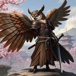A winged Owlin ronin samurai character from Dungeons and Dragons, standing proudly with a katana by his side