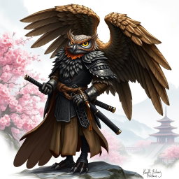 A winged Owlin ronin samurai character from Dungeons and Dragons, standing proudly with a katana by his side