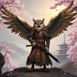 A winged Owlin ronin samurai character from Dungeons and Dragons, standing proudly with a katana by his side