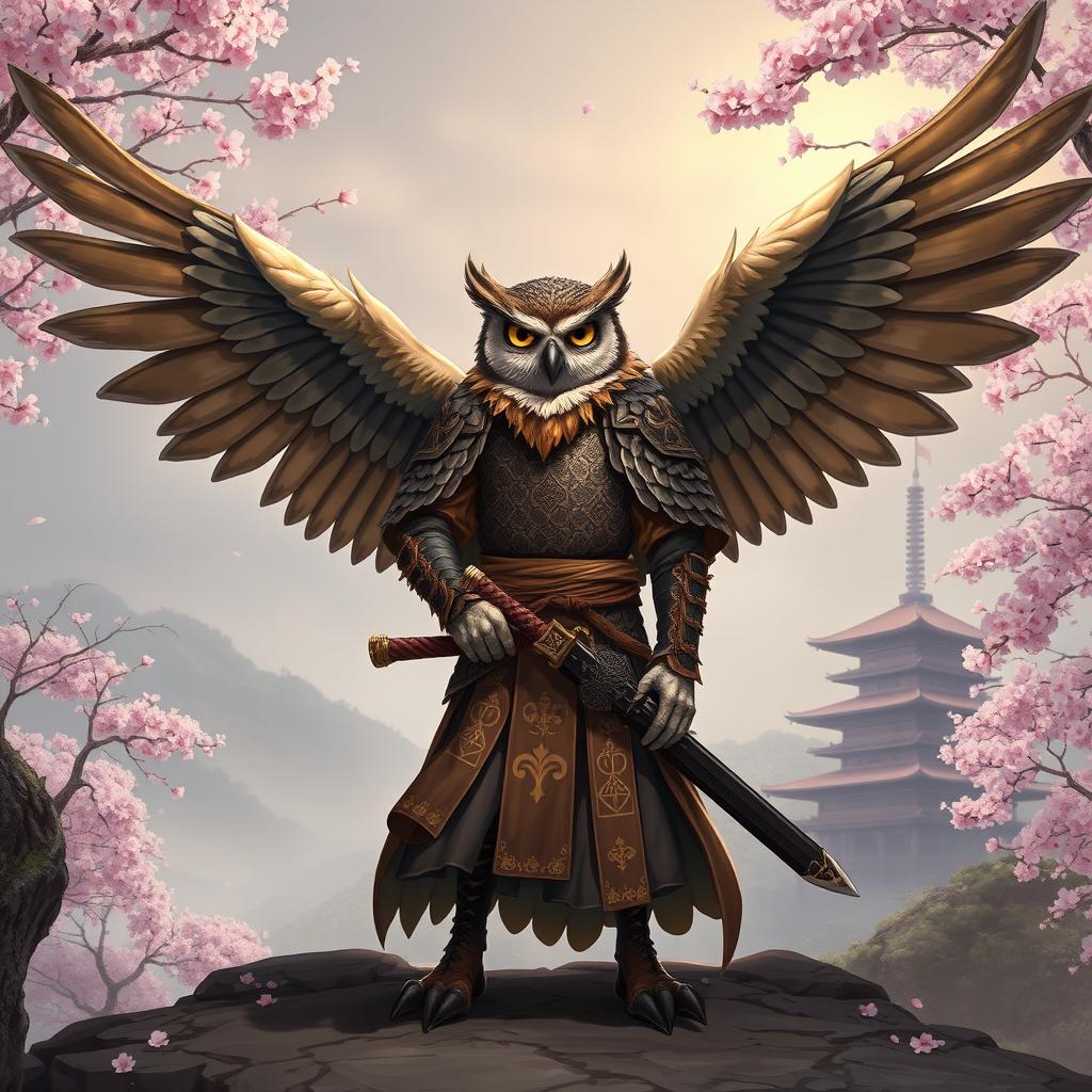 A winged Owlin ronin samurai character from Dungeons and Dragons, standing proudly with a katana by his side