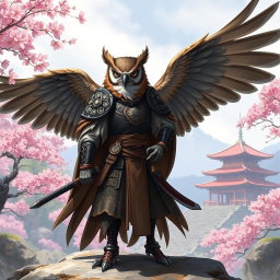 A winged Owlin ronin samurai character from Dungeons and Dragons, standing proudly with a katana by his side